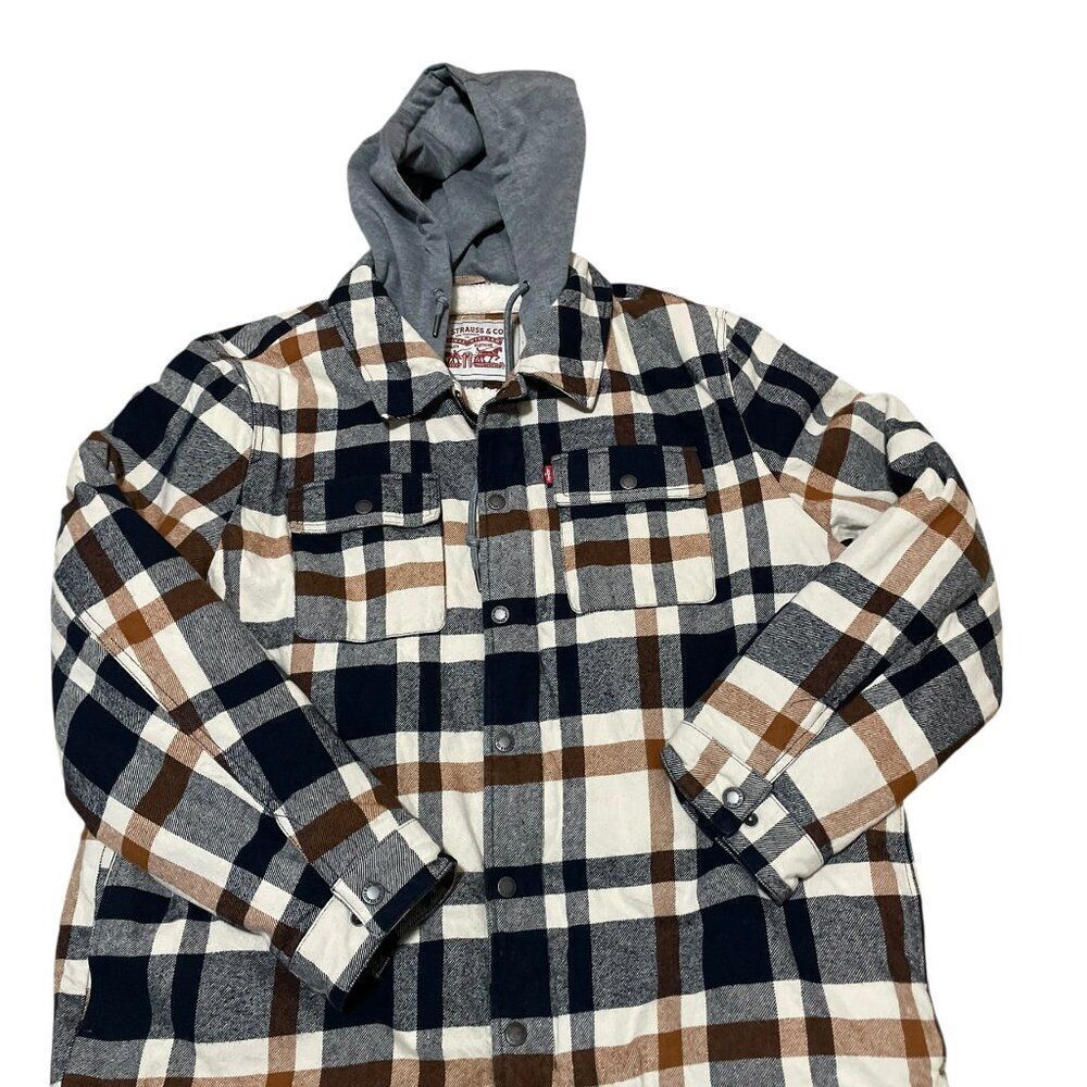 Levis Men's Cotton Plaid Sherpa Lined Shacket W/Hood  Size XL